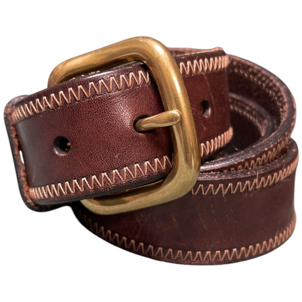 TRAFALGER Men's Brown Leather Belt Zigzag Contrast Stitching Size 38 Bras Buckle
